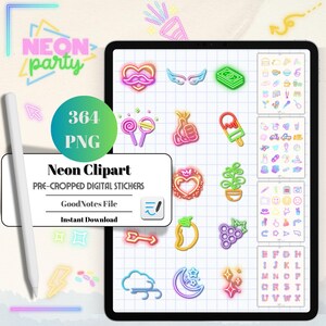 Puede incluir: Un conjunto de arte digital con pegatinas de clip art estilo neón. La imagen incluye una tableta que muestra varias pegatinas, un lápiz óptico y el texto "Neon Party" y "Neon Clipart". Las pegatinas incluyen corazones, alas, dinero e iconos de comida.