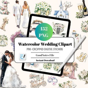 May include: A digital clipart set of 152 watercolor wedding illustrations. The set includes a variety of images, such as a bride and groom, a wedding cake, a church, flowers, and more. The images are pre-cropped and ready to be used in digital planners, notes, and other digital projects.