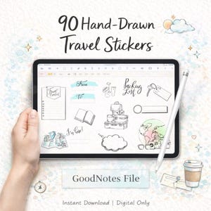 Watercolor Travel Stickers | 90 Hand Drawn Elements, GoodNotes Pre Cropped Stickers (Digital Download)