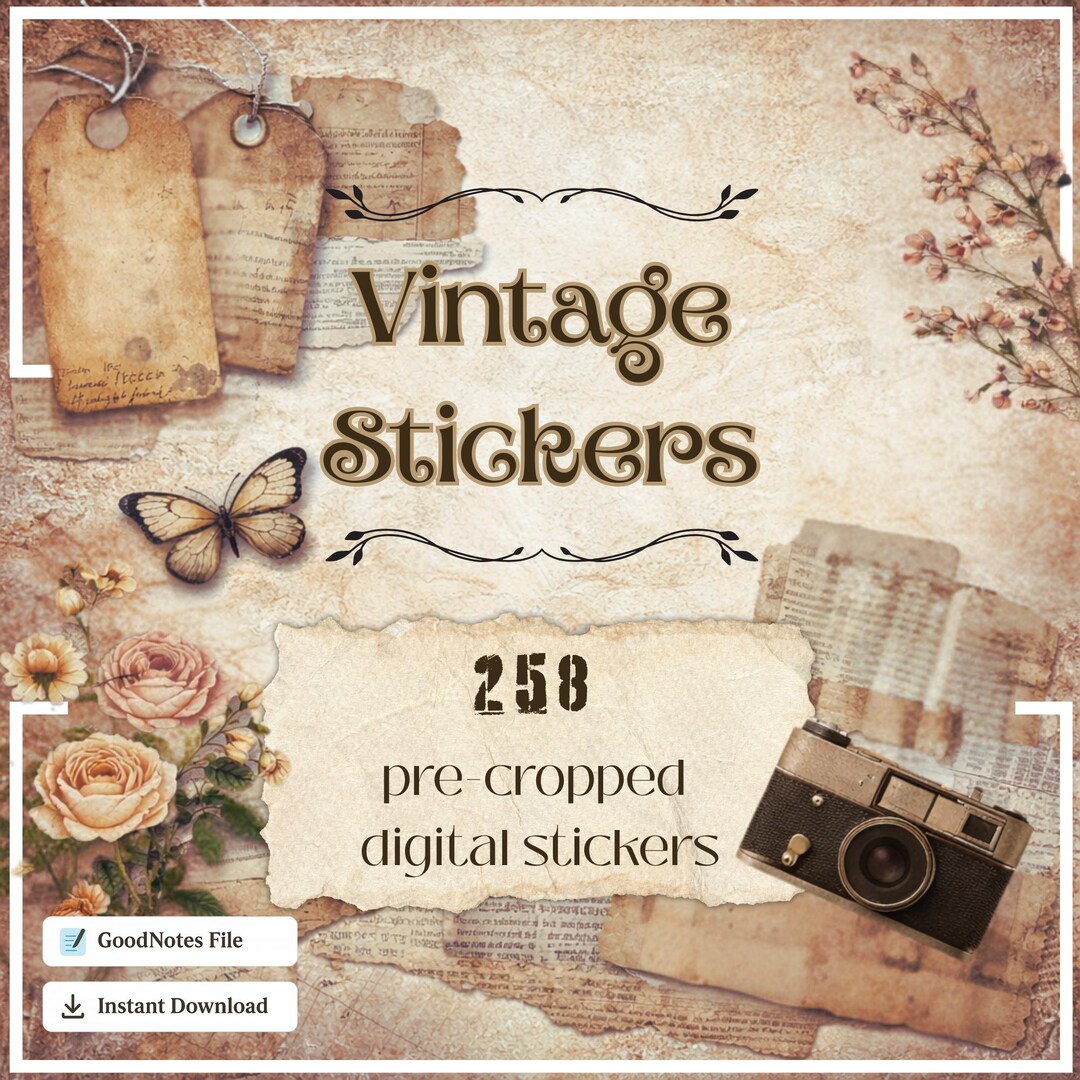 Vintage Antique Stickers for Goodnotes | 258 Pre-cropped Digital ...