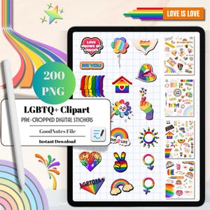 May include: A digital clipart set of 200 pre-cropped stickers featuring LGBTQ+ pride symbols, rainbows, and phrases like "Love Knows No Gender" and "Be You". The stickers are designed for use in GoodNotes.