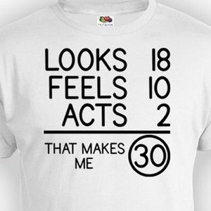 30th Birthday Shirt Birthday T Shirt Birthday Gift Ideas For Him Looks 18 Feels 10 Acts 2 That Makes Me 30 Years Old Mens Ladies Tee BG69 image 1