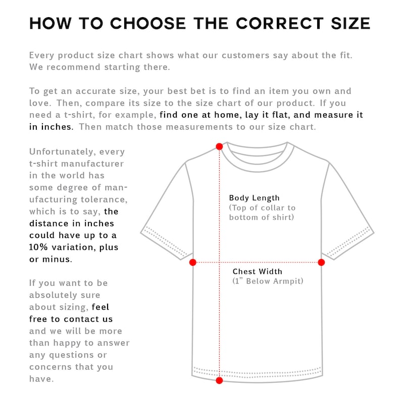 May include: Diagram showing how to measure a t-shirt for size. The diagram shows a white t-shirt with red lines indicating where to measure the body length from the top of the collar to the bottom of the shirt and the chest width 1 inch below the armpit.
