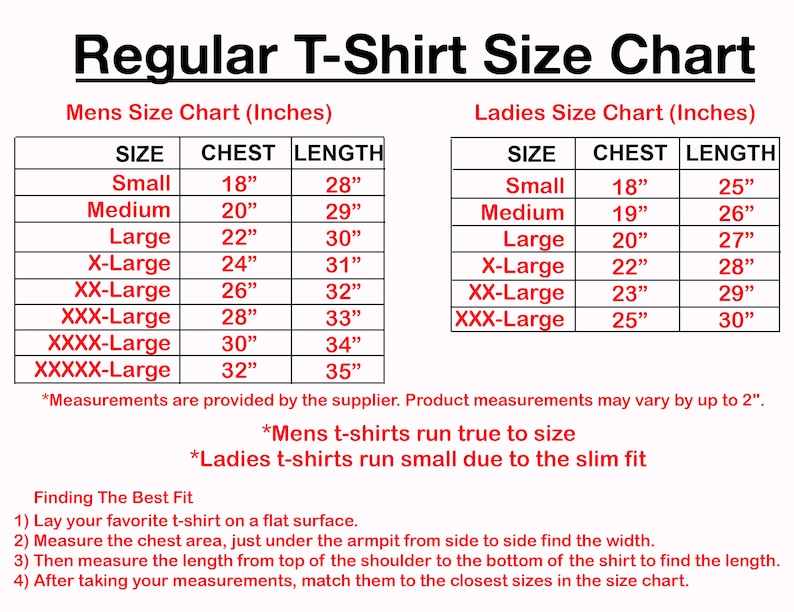 Puede incluir: Una tabla de tallas para camisetas con medidas en pulgadas. La tabla muestra las medidas de pecho y longitud para diferentes tallas, incluyendo peque&ntilde;a, mediana, grande y extra grande. La tabla tambi&eacute;n incluye una nota que indica que las camisetas para hombres son de talla real, mientras que las camisetas para mujeres son peque&ntilde;as debido al ajuste delgado.