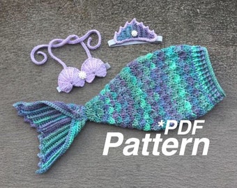 CROCHET PATTERN Baby Mermaid Outfit, Crochet Mermaid Tail, Baby Photo Prop, Baby Mermaid Costume, Bikini Shell Top - Instant Download PDF