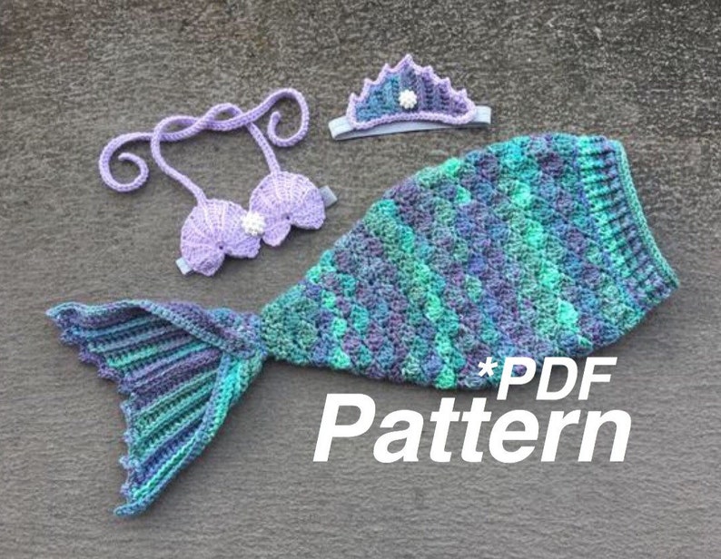 May include: A crocheted mermaid tail costume in shades of green, blue, and purple. The tail is complete with a matching purple crochet bra and a crown. The image includes the text "*PDF Pattern".