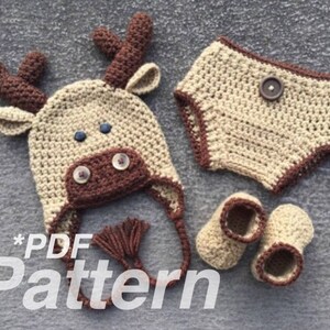 Crochet Baby Moose Outfit Pattern, Hat, Diaper Cover, Booties (PDF Pattern)