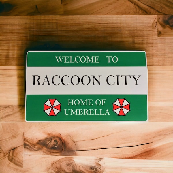 Bienvenue sur le panneau routier Raccoon City Home of Umbrella Corporation de couleur verte (430 mm x 250 mm)