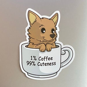 Cute Puppy Dog in a Coffee Cup Funny Cartoon Sticker. Waterproof and UV resistant PVC sticker. Size 85mm x 75mm Diameter.