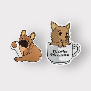 Cute Puppy Dog in a Coffee Cup and Cute Puppy Dog with a Bone Funny Cartoon Sticker 2 pack PVC vinyl sticker collection.