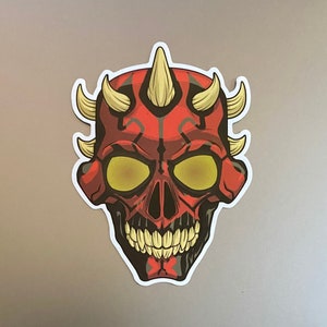 Darth Maul Schädel Cartoon Sticker. Wasserfester und UV beständiger PVC-Aufkleber. Größe 95 mm x 70 mm Durchmesser.
