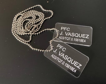 Aliens US Colonial Marine USCM Dog Tags - PFC J. Vasquez: Laser Engraved Clear Acrylic