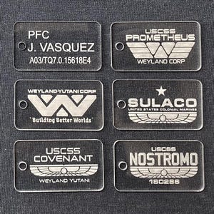 Personalised Aliens US Colonial Marine USCM Clear Acrylic Dog Tags: Weyland Yutani, Sulaco, Nostromo