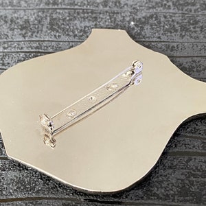 May include: The reverse of a silver-coloured pin with a safety pin fastening. The pin is shaped like a shield.