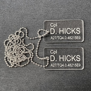 Placas de identificación acrílicas de la Infantería de Marina Colonial de EE. UU. (USCM) - Cabo D. Hicks - Grabadas con láser