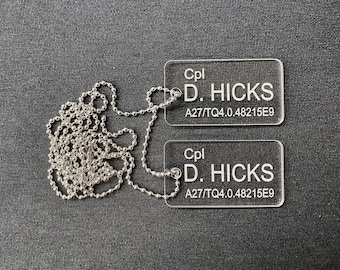 Aliens US Colonial Marine USCM Dog Tags - Cpl D. Hicks: Laser Engraved Clear Acrylic