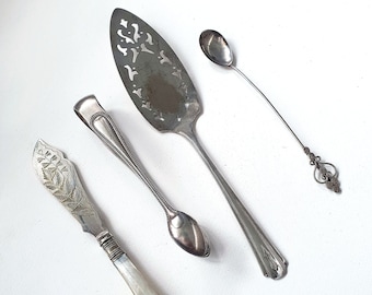 Various Silver Plated Cake Slice Server Serving Butter Knife Sugar Tongs Arts & Crafts White Metal Spoon.