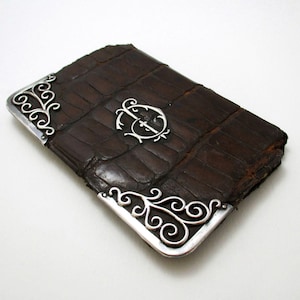 Antique Victorian Leather Sterling Silver Mounts Wallet Note Writing Pad Card Case Aide Memoire