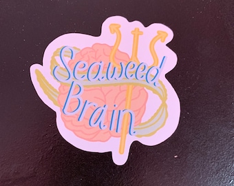 May include: A pink brain with a yellow trident and the text "It's Seaweed Brain" in blue and yellow lettering.