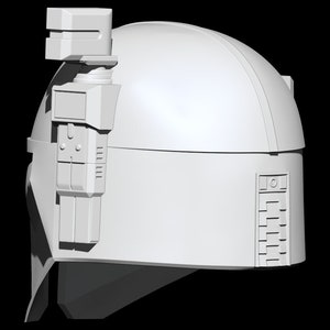 Pu&ograve; includere: Un casco di plastica bianco con una parte superiore a forma di cupola e una visiera rettangolare. Il casco ha un piccolo accessorio rettangolare sul lato.