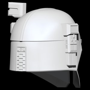 Pu&ograve; includere: Un modello 3D stampato in bianco di un casco con una parte superiore a forma di cupola e vari dettagli, tra cui un pannello rettangolare sul lato e una piccola antenna in cima.