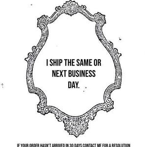 Pu&ograve; includere: Un design ornato in bianco e nero con la scritta "I SHIP THE SAME OR NEXT BUSINESS DAY." Sotto la cornice, il testo recita "IF YOUR ORDER HASN'T ARRIVED IN 30 DAYS CONTACT ME FOR A RESOLUTION."