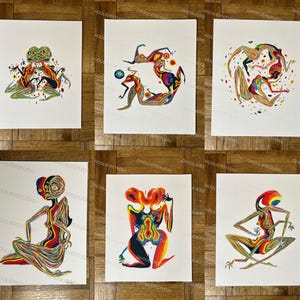 May include: Six colourful prints featuring abstract figures with swirling lines and vibrant colours. The figures are in various poses, including sitting, standing, and dancing. The prints are on white paper and have a modern, artistic style.