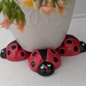May include: Three red and black ladybug figurines with black eyes and white highlights. The ladybugs are sitting on a white ceramic planter with floral designs.