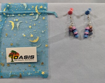 Pink, purple & blue Lego stud earrings with stone beads