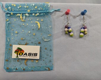 Purple, white and green Lego stud earrings with stone beads