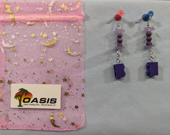 Purple Lego brick earrings with stone beads
