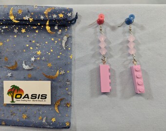 Pink Lego brick earrings with stone beads