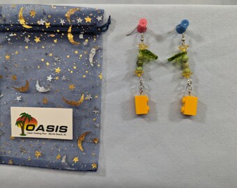 Yellow Lego brick earrings with glass flowers & leaves and stone beads