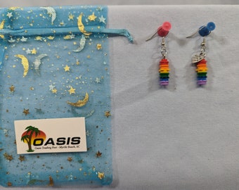 Rainbow Lego stud earrings with "made with love" heart charm