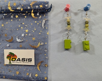 Green Lego brick earrings with glass flowers & stone beads