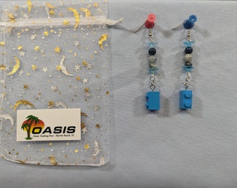 Blue Lego brick earrings with glass flowers & stone beads