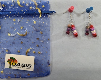 Pink rainbow Lego stud earrings with stone beads
