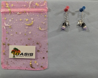 Black, gray, white and purple Lego stud earrings with butterfly charms.