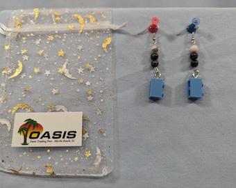 Blue Lego brick earrings with stone beads