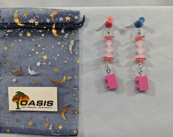 Pink Lego brick earrings with glass flowers & stone beads