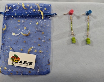 Lime green stud Lego and beaded earrings