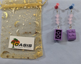 Purple Lego brick earrings with stone beads