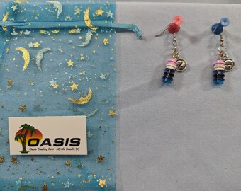 Pink, white, purple, black & blue Lego stud earrings with ying-yang charms