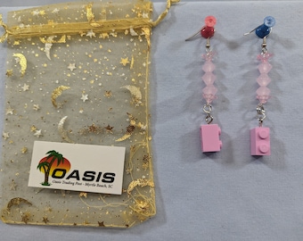 Pink Lego brick earrings with stone beads