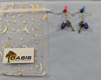 Purple Lego earrings with key charms