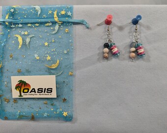 Blue, pink & white Lego stud earrings with stone beads