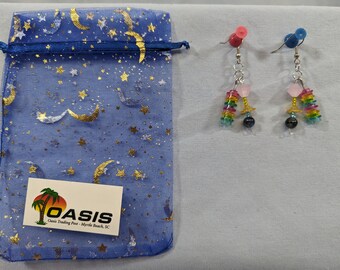 Pink, yellow & blue Lego stud earrings with stone beads