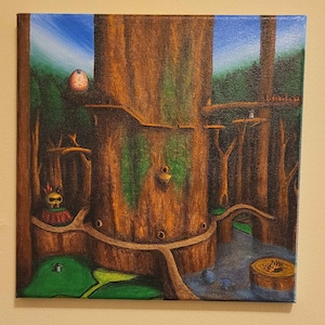May include: A painting of a forest scene with a large tree in the center. The tree has a hollow trunk and a platform built around it. There are other trees in the background and a blue sky above. The painting is done in a realistic style with a focus on detail.