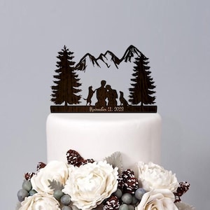 Wedding cake topper mountain theme, wood cake topper bride and groom with dogs, hiking cake topper, Personalized cake topper with mountains