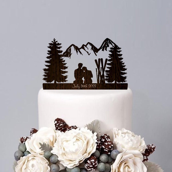 Couple skiers wedding cake topper, Bride and groom hiking wedding cake topper, Snow ski cake topper, Winter sports cake topper